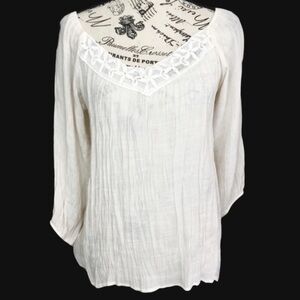 Bobeau Gauzy Sheer Ivory Bohemian Lace V Neck 3/4 Sleeve Top Tunic Size Medium
